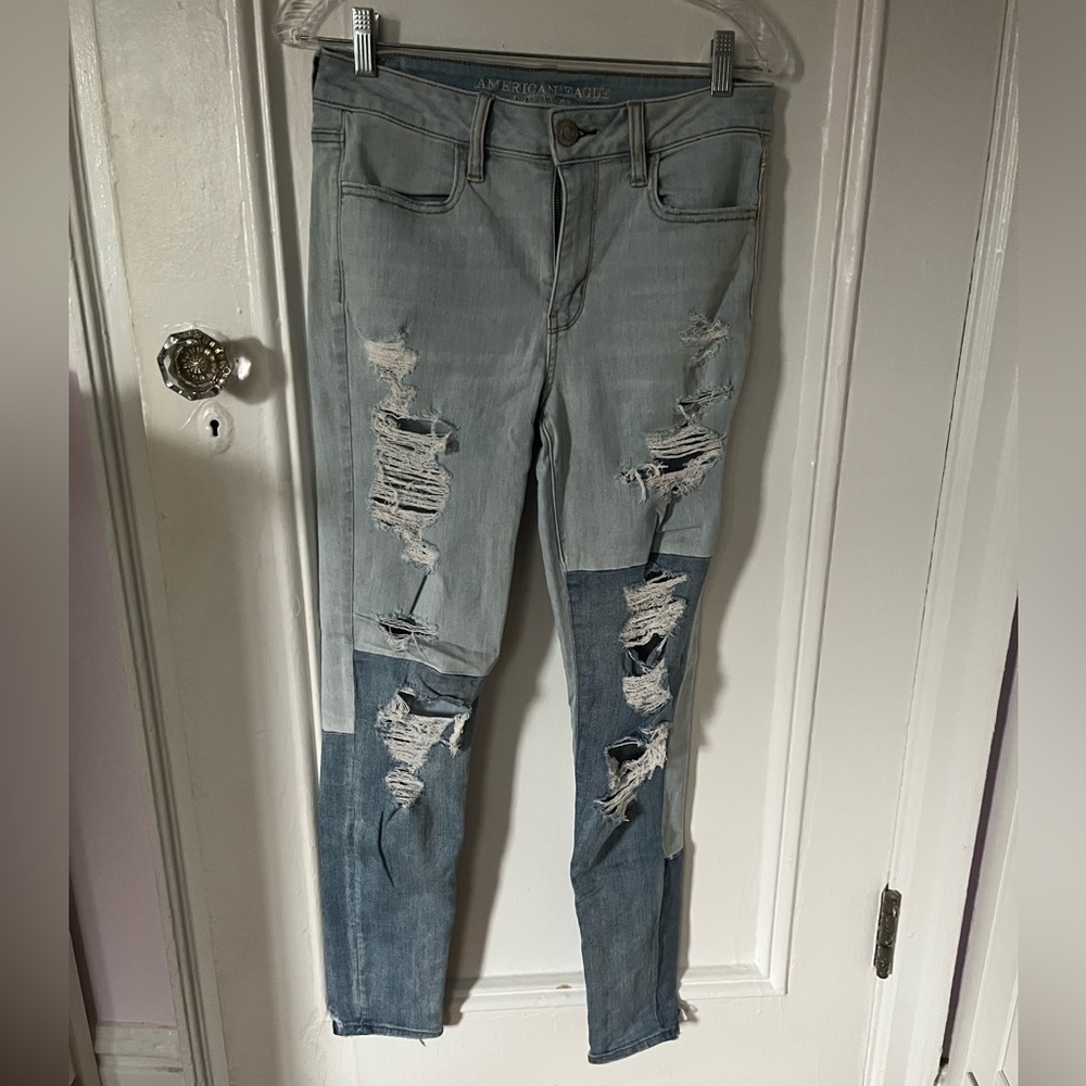 Cool Super Distressed Patchwork Two-Tone Skinny J… - image 5